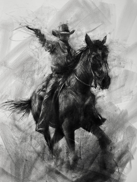 Original Drawing by Mad Charcoal of Horse and Rider in Black and White